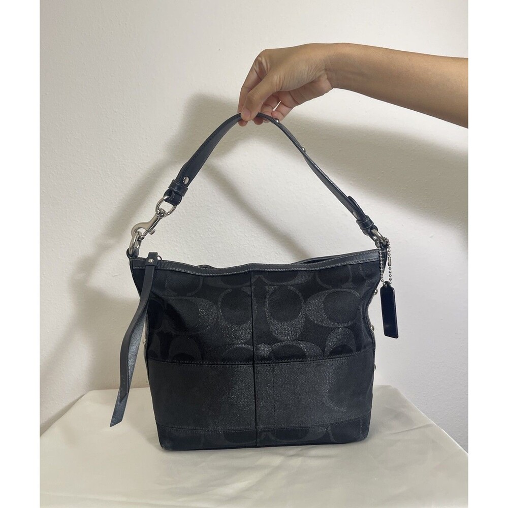 Authentic Coach Signature Bag Black Canvas W/Leather Trim Silver Tone Hardware